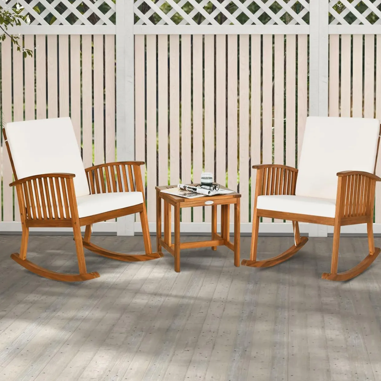 Tangkula 3 Pieces Acacia Wood Rocking Bistro Set, Rocker Chairs Conversation Set with Coffee Table and Cushions for Lawn, Balcony, Backyard