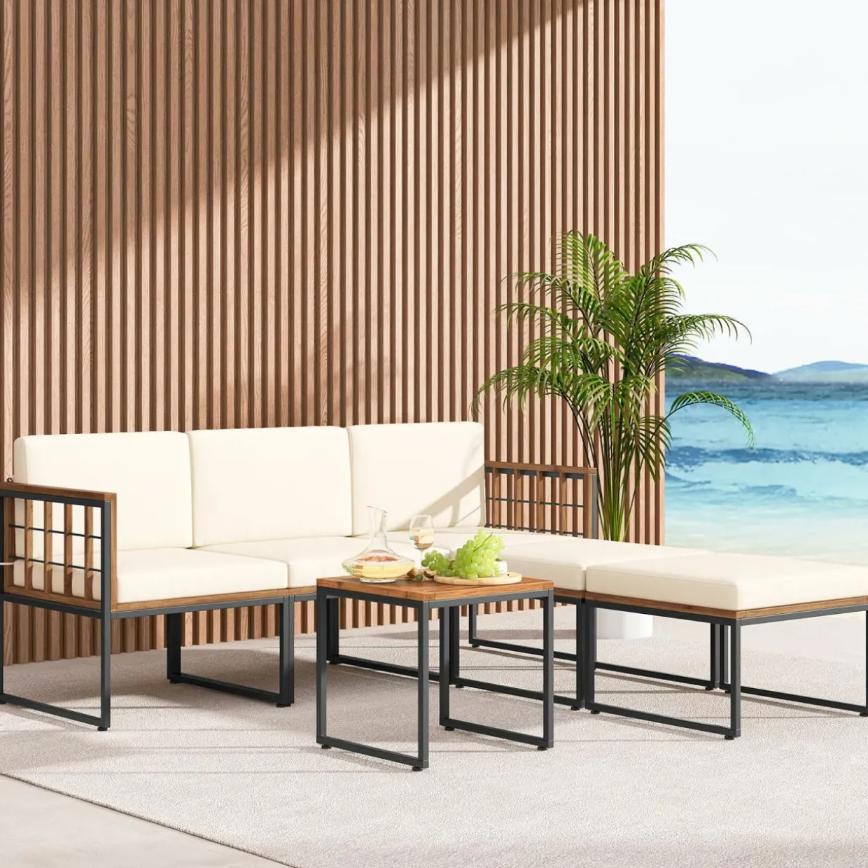 Tangkula 6 Pieces Acacia Wood Patio Furniture Set, Patiojoy Outdoor Sectional Conversation Sofa Set with Cushions