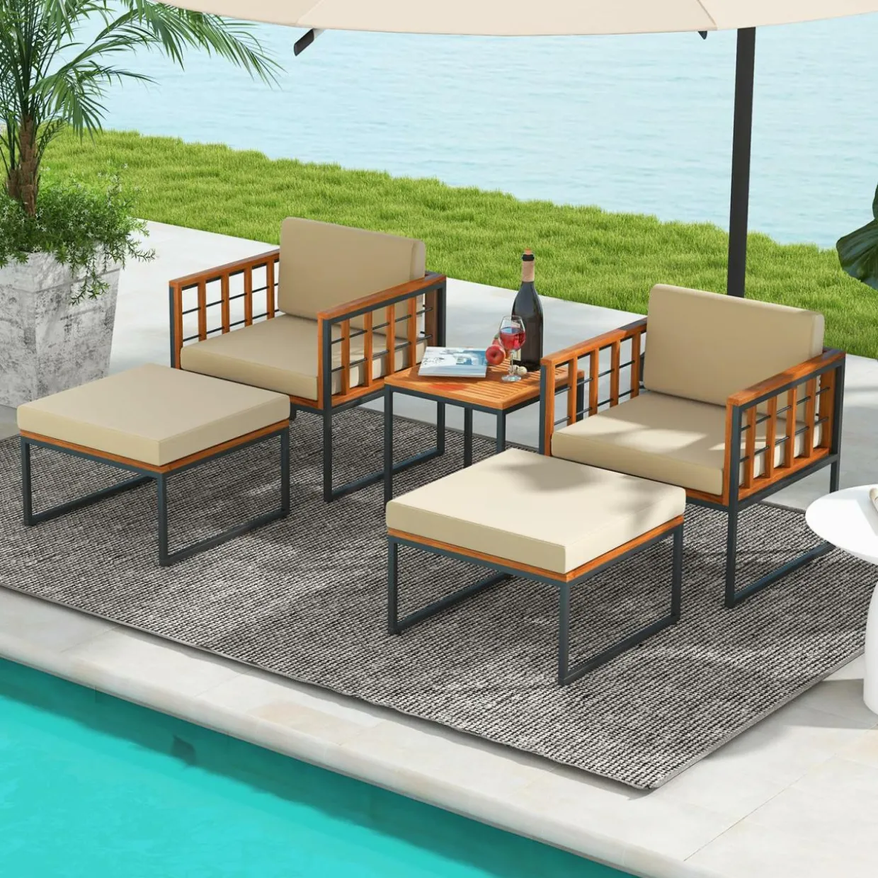 Tangkula 5 Pieces Acacia Wood Patio Furniture Set with Ottomans, Outdoor Conversation Set