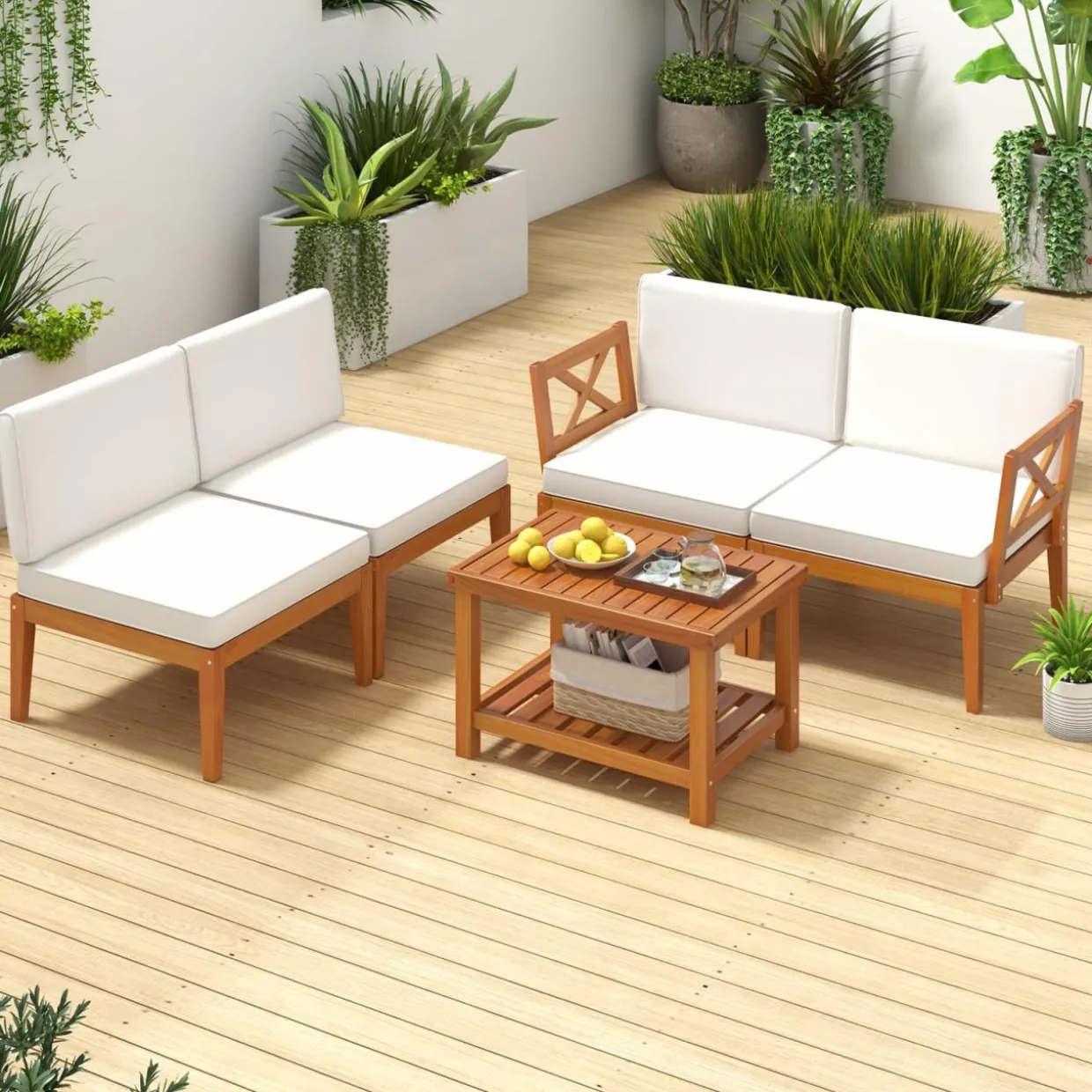 Tangkula 5/10 Pieces Acacia Wood Patio Furniture Set, Outdoor Sectional Conversation Set with Cushions
