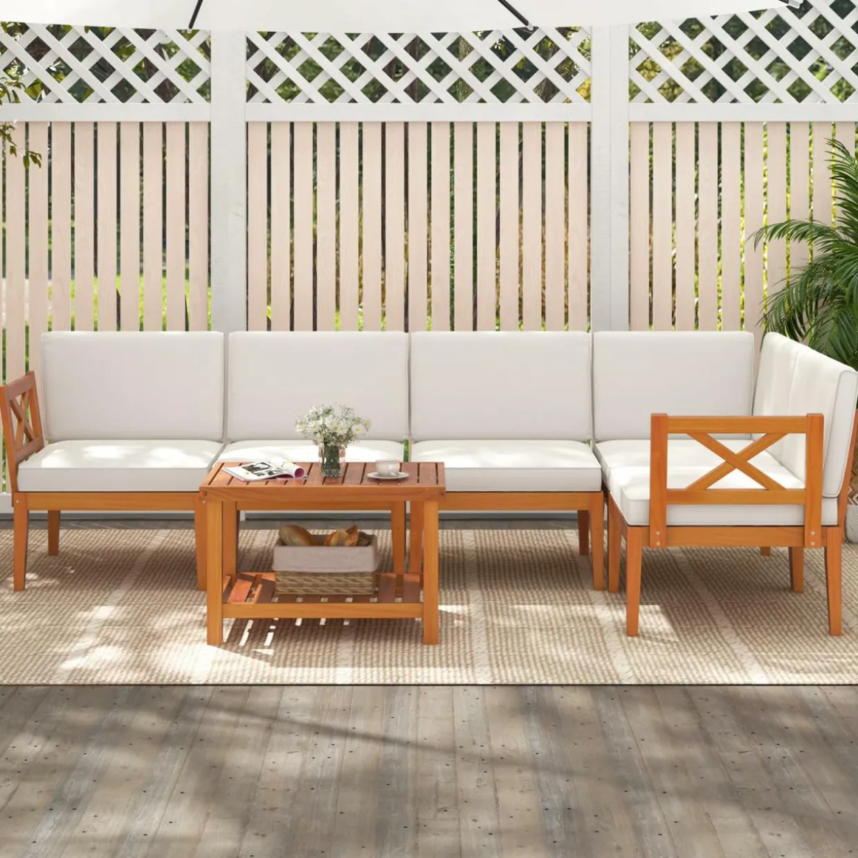 Tangkula 6 Pieces Acacia Wood Patio Furniture Set, Outdoor Sectional Conversation Set with Cushions and 2-Tier Coffee Table