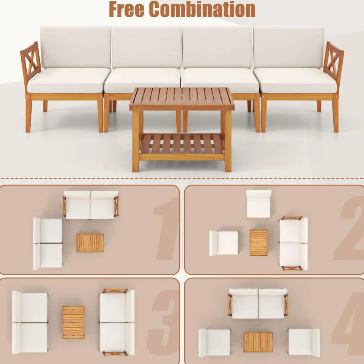 Tangkula 5/10 Pieces Acacia Wood Patio Furniture Set, Outdoor Sectional Conversation Set with Cushions