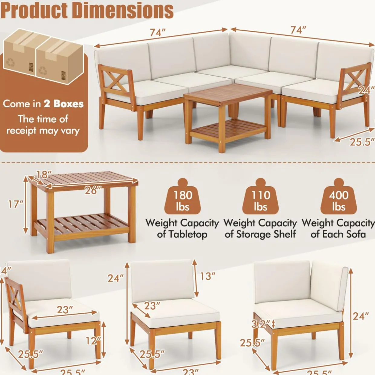 Tangkula 6 Pieces Acacia Wood Patio Furniture Set, Outdoor Sectional Conversation Set with Cushions and 2-Tier Coffee Table