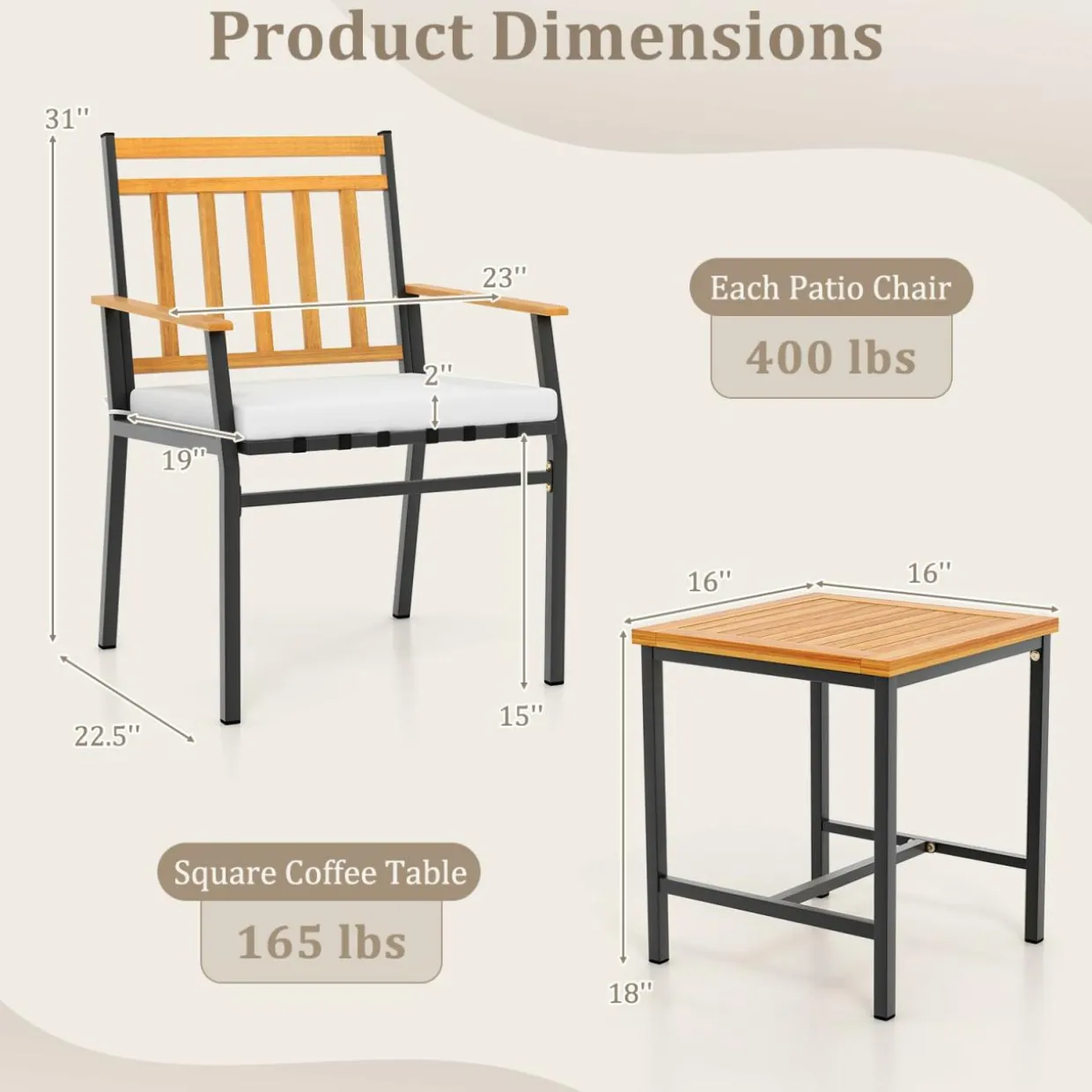 Tangkula 3 Pieces Acacia Wood Bistro Set, Patio Conversation Set with Cushions and Coffee Table