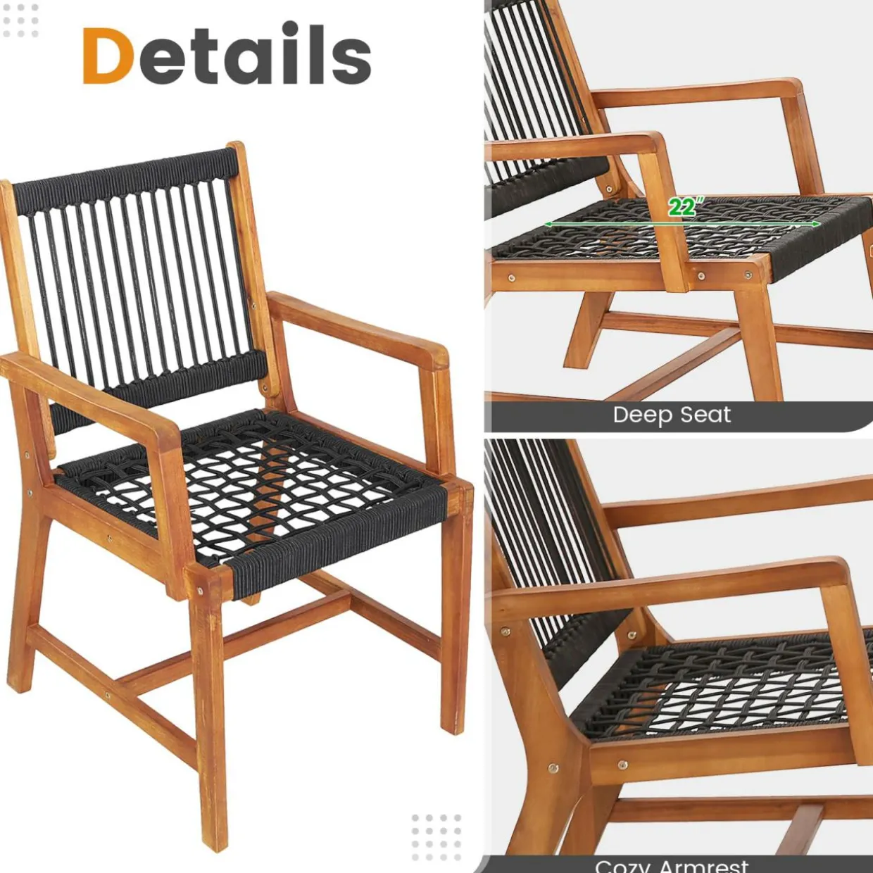 Tangkula 3 Pieces Acacia Wood Outdoor Furniture Set, All-Weather Rope Woven Bistro Set with Armchairs and Coffee Table