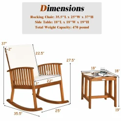 Tangkula 3 Pieces Acacia Wood Rocking Bistro Set, Rocker Chairs Conversation Set with Coffee Table and Cushions for Lawn, Balcony, Backyard