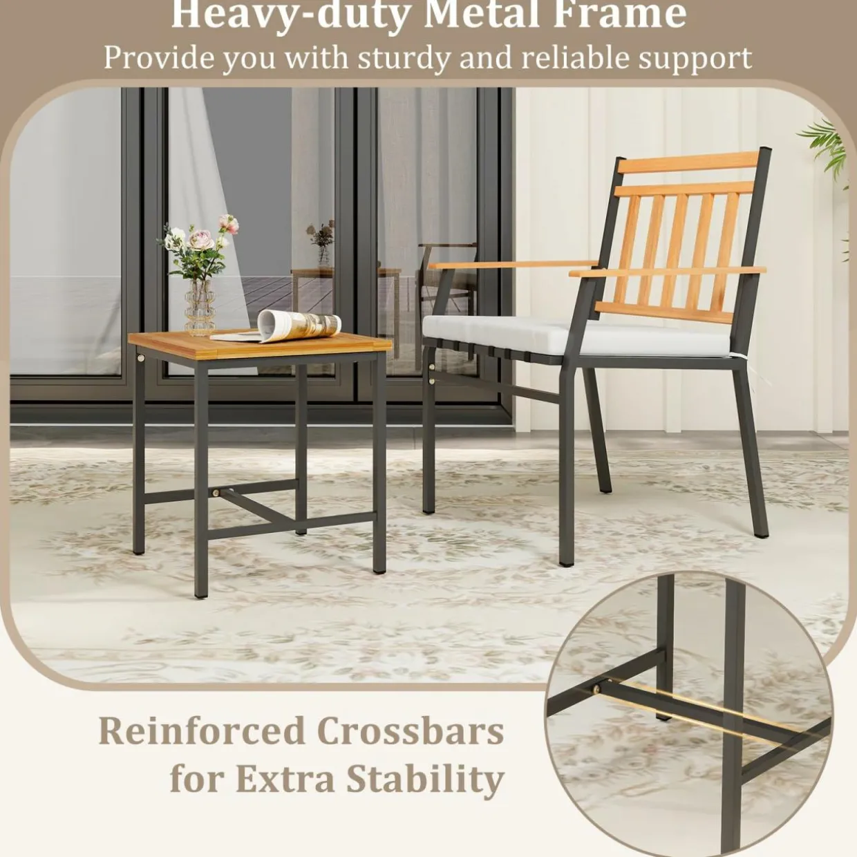 Tangkula 3 Pieces Acacia Wood Bistro Set, Patio Conversation Set with Cushions and Coffee Table