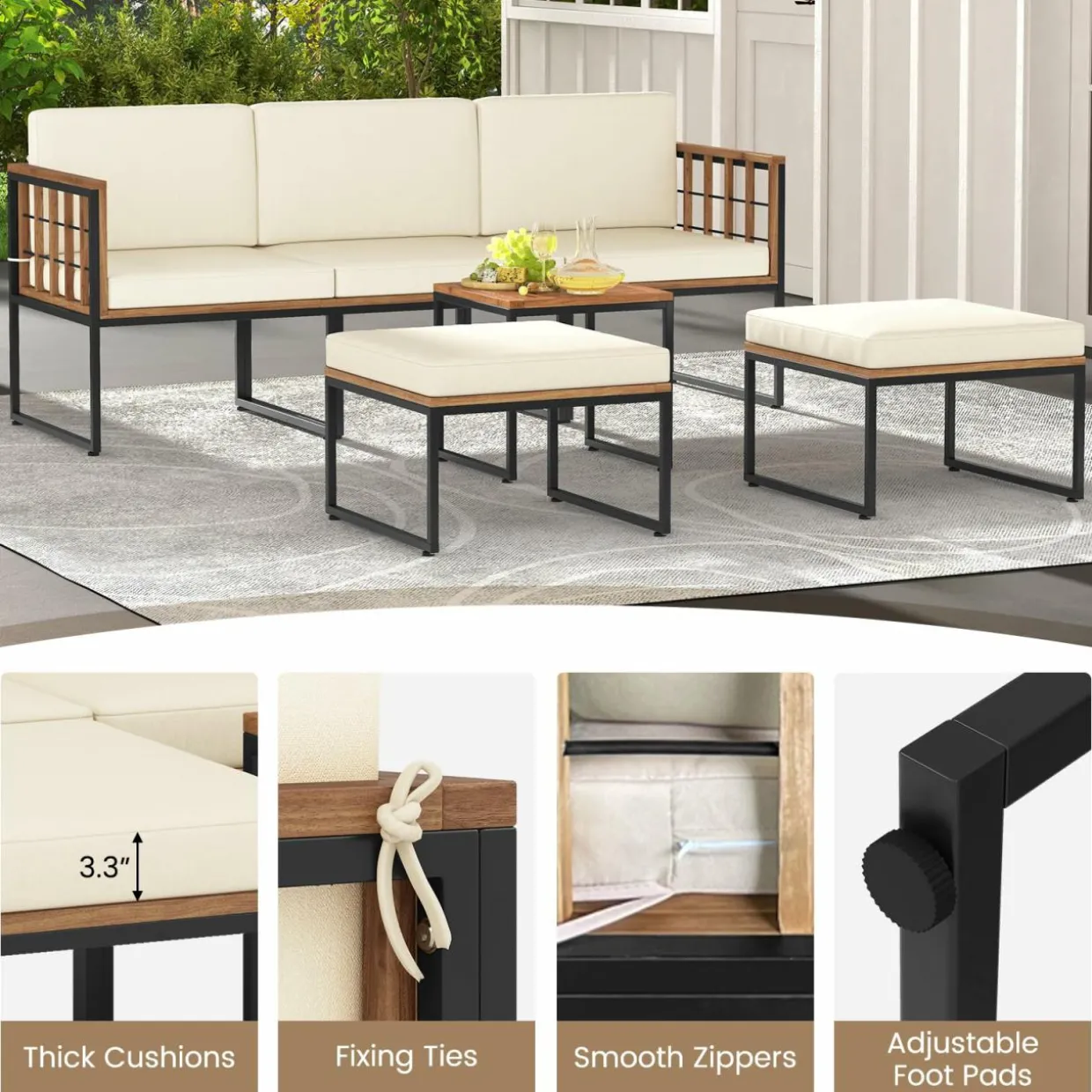 Tangkula 6 Pieces Acacia Wood Patio Furniture Set, Patiojoy Outdoor Sectional Conversation Sofa Set with Cushions