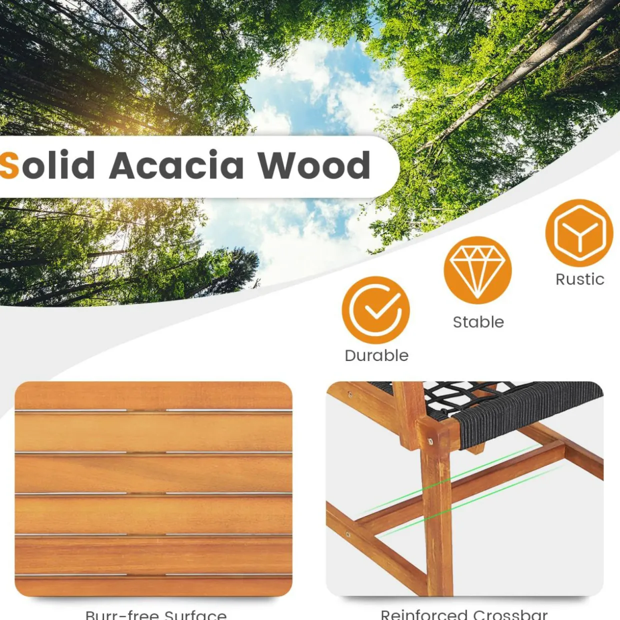 Tangkula 3 Pieces Acacia Wood Outdoor Furniture Set, All-Weather Rope Woven Bistro Set with Armchairs and Coffee Table
