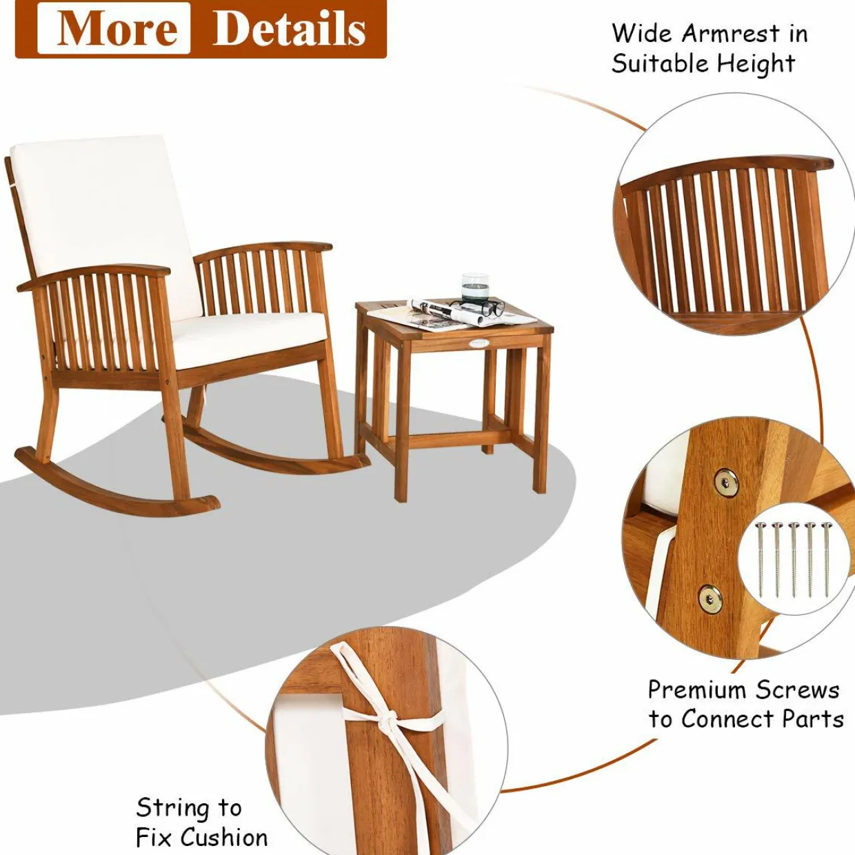 Tangkula 3 Pieces Acacia Wood Rocking Bistro Set, Rocker Chairs Conversation Set with Coffee Table and Cushions for Lawn, Balcony, Backyard