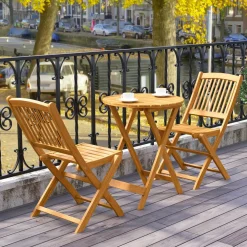 Tangkula 3 Pieces Acacia Wood Patio Folding Bistro Set, Outdoor Table and Chairs Set with Soft Cushions