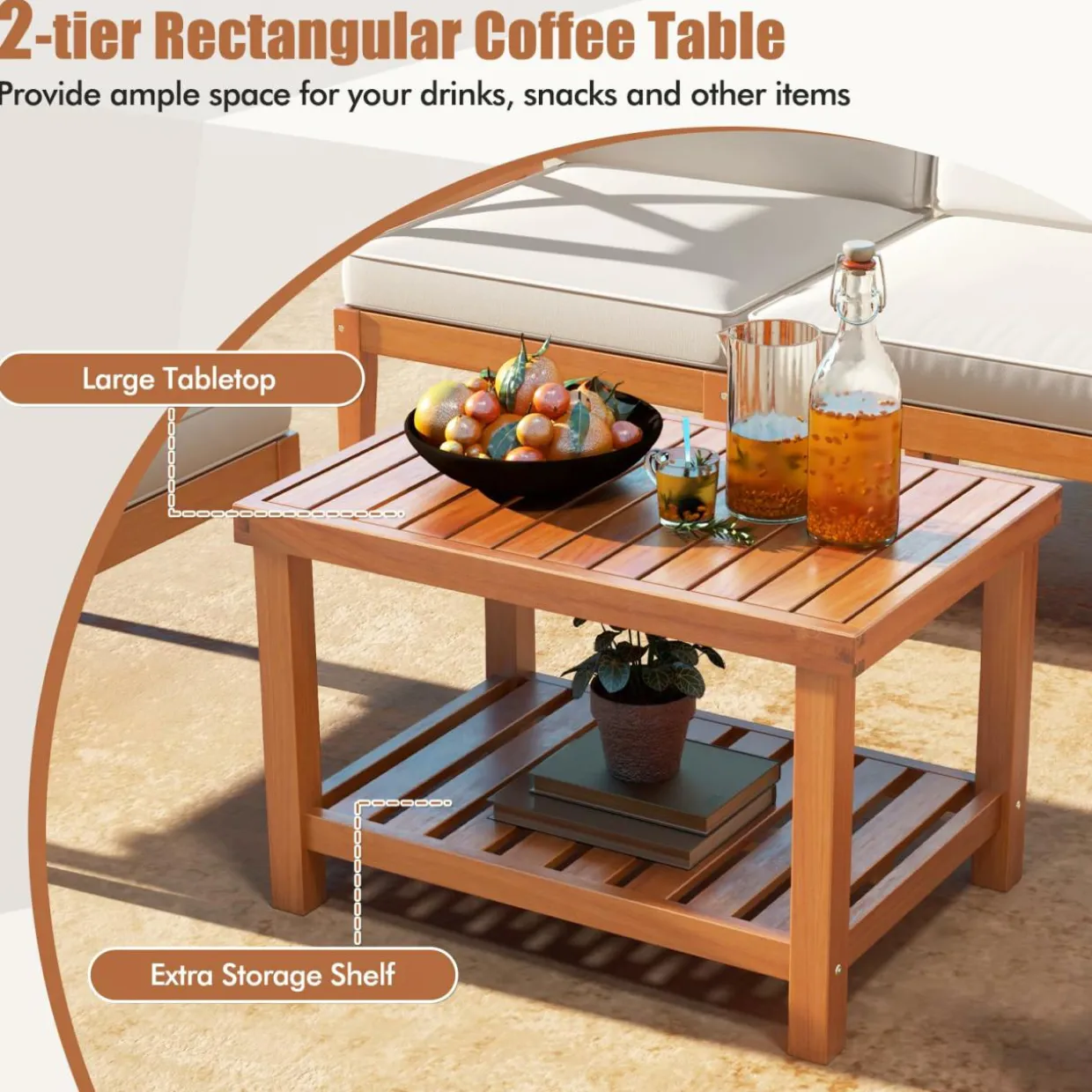Tangkula 6 Pieces Acacia Wood Patio Furniture Set, Outdoor Sectional Conversation Set with Cushions and 2-Tier Coffee Table