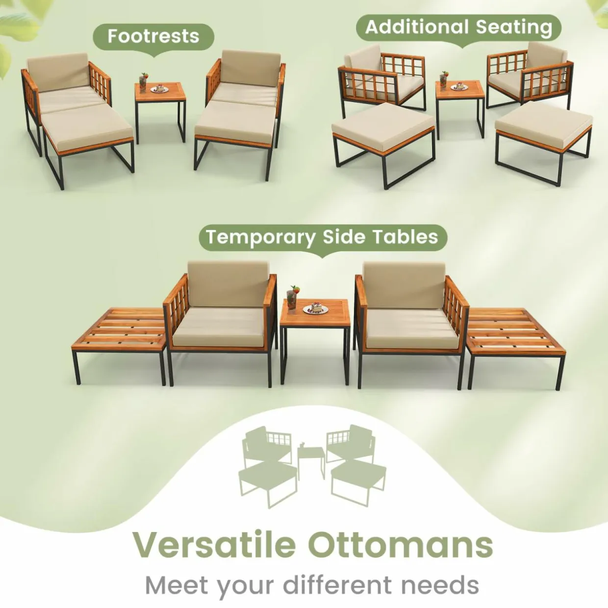 Tangkula 5 Pieces Acacia Wood Patio Furniture Set with Ottomans, Outdoor Conversation Set