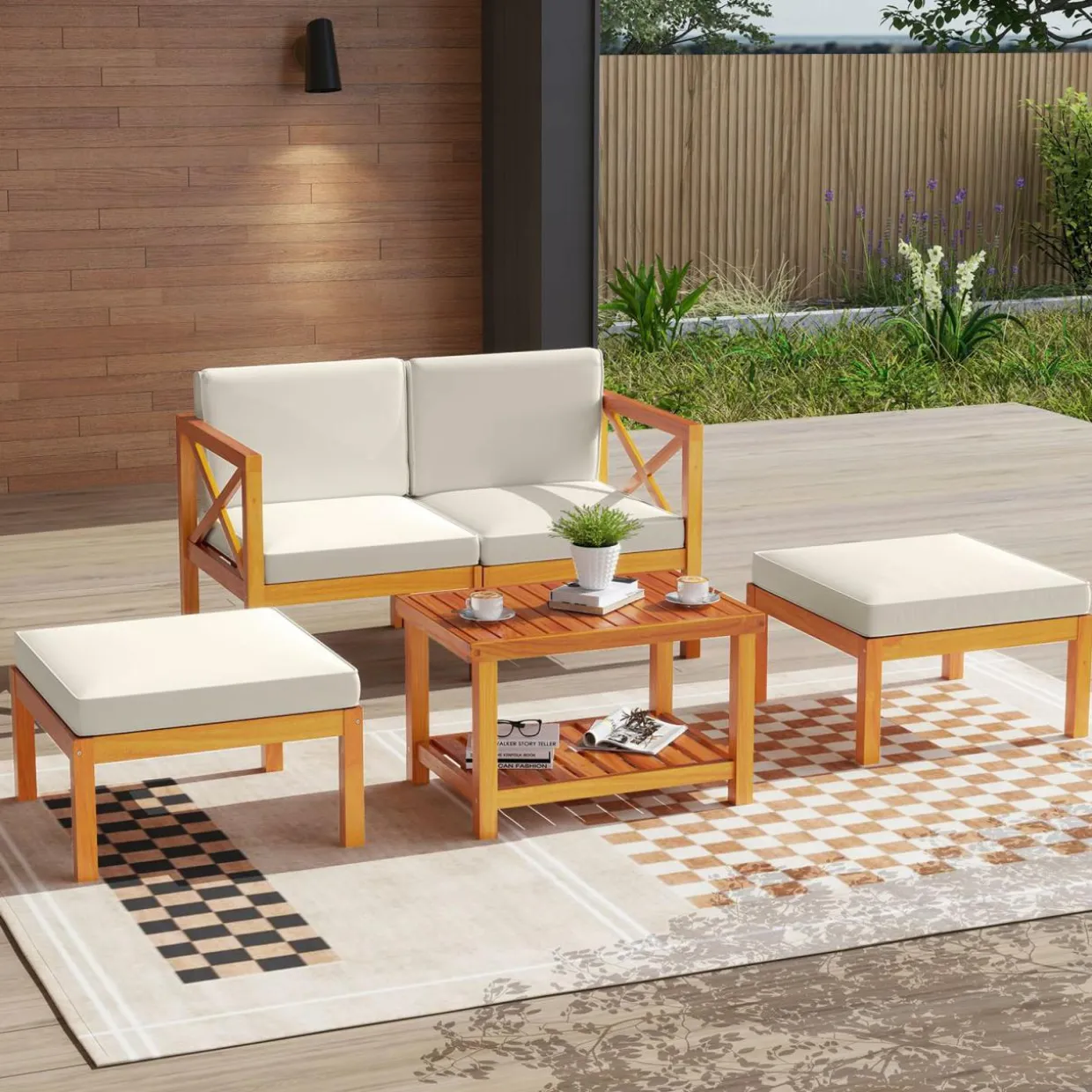 Tangkula 5 Pieces Acacia Wood Patio Chaise Lounge Chair Set with Ottomans and Cushions
