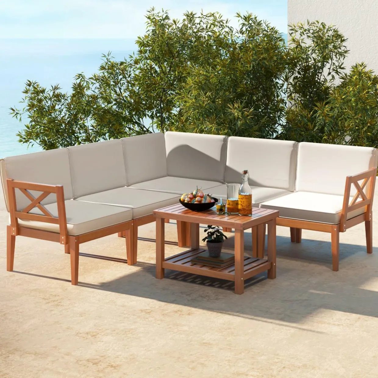 Tangkula 6 Pieces Acacia Wood Patio Furniture Set, Outdoor Sectional Conversation Set with Cushions and 2-Tier Coffee Table