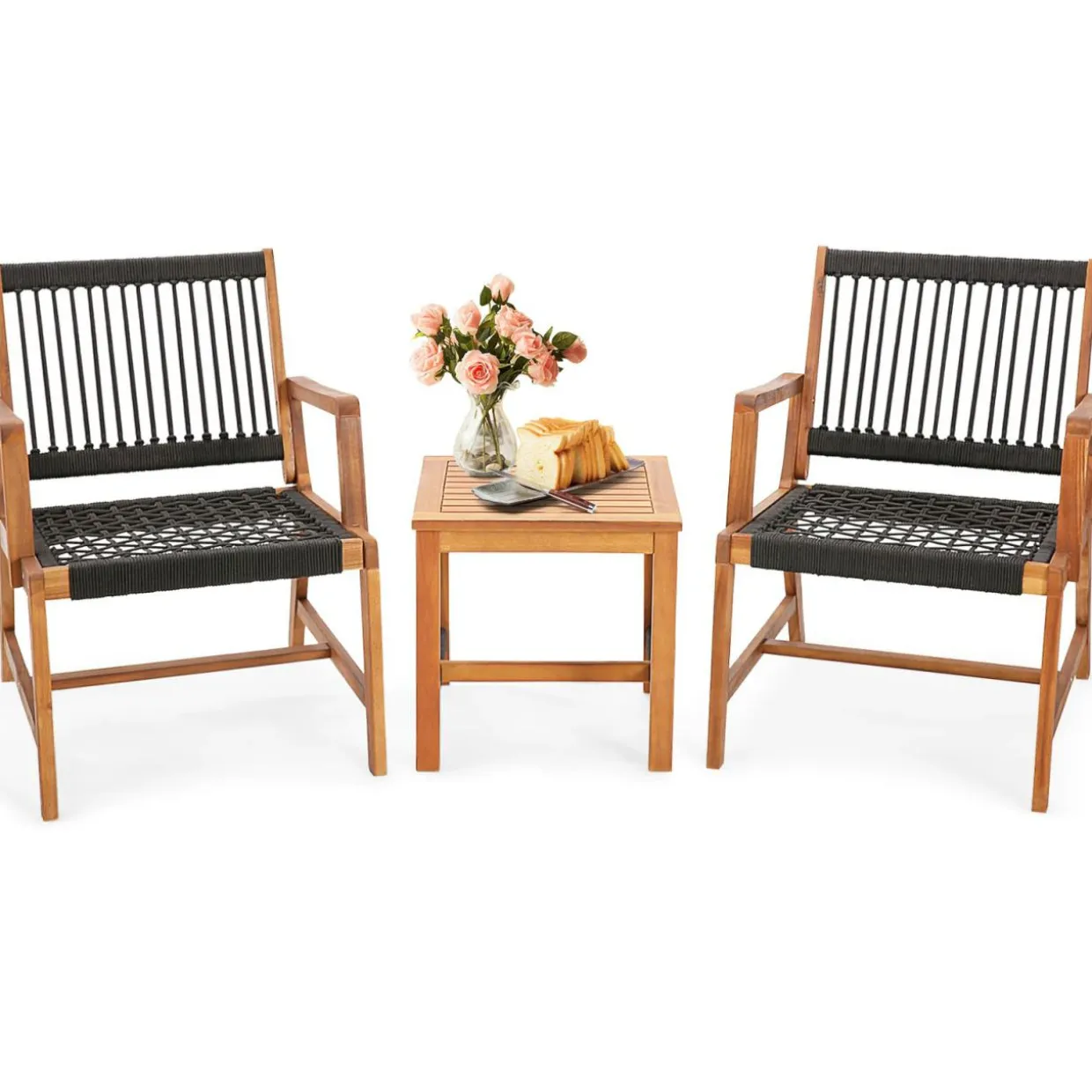 Tangkula 3 Pieces Acacia Wood Outdoor Furniture Set, All-Weather Rope Woven Bistro Set with Armchairs and Coffee Table
