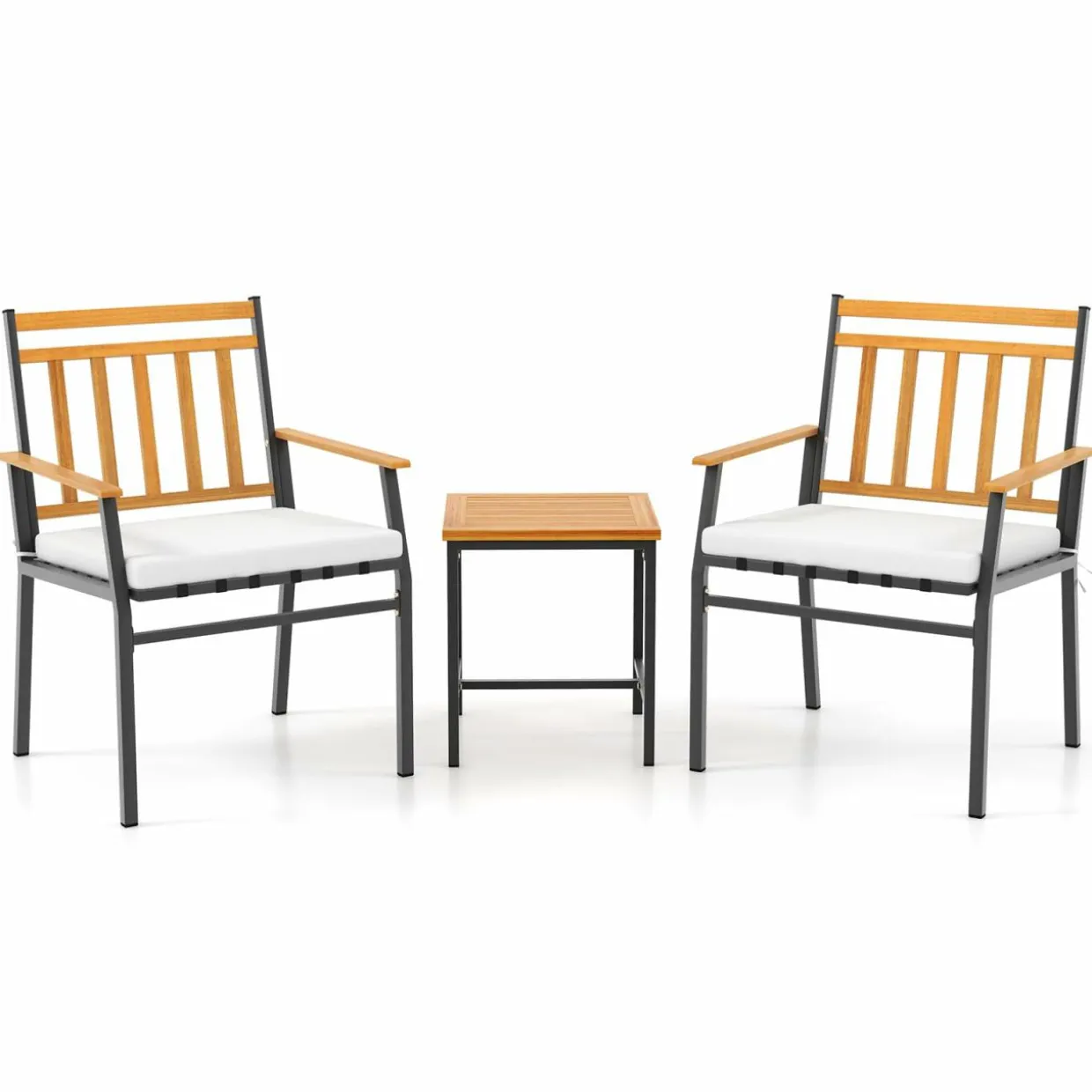 Tangkula 3 Pieces Acacia Wood Bistro Set, Patio Conversation Set with Cushions and Coffee Table