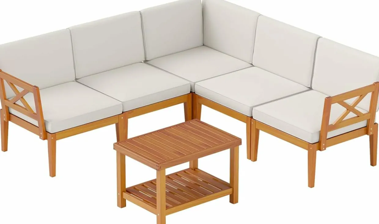 Tangkula 6 Pieces Acacia Wood Patio Furniture Set, Outdoor Sectional Conversation Set with Cushions and 2-Tier Coffee Table