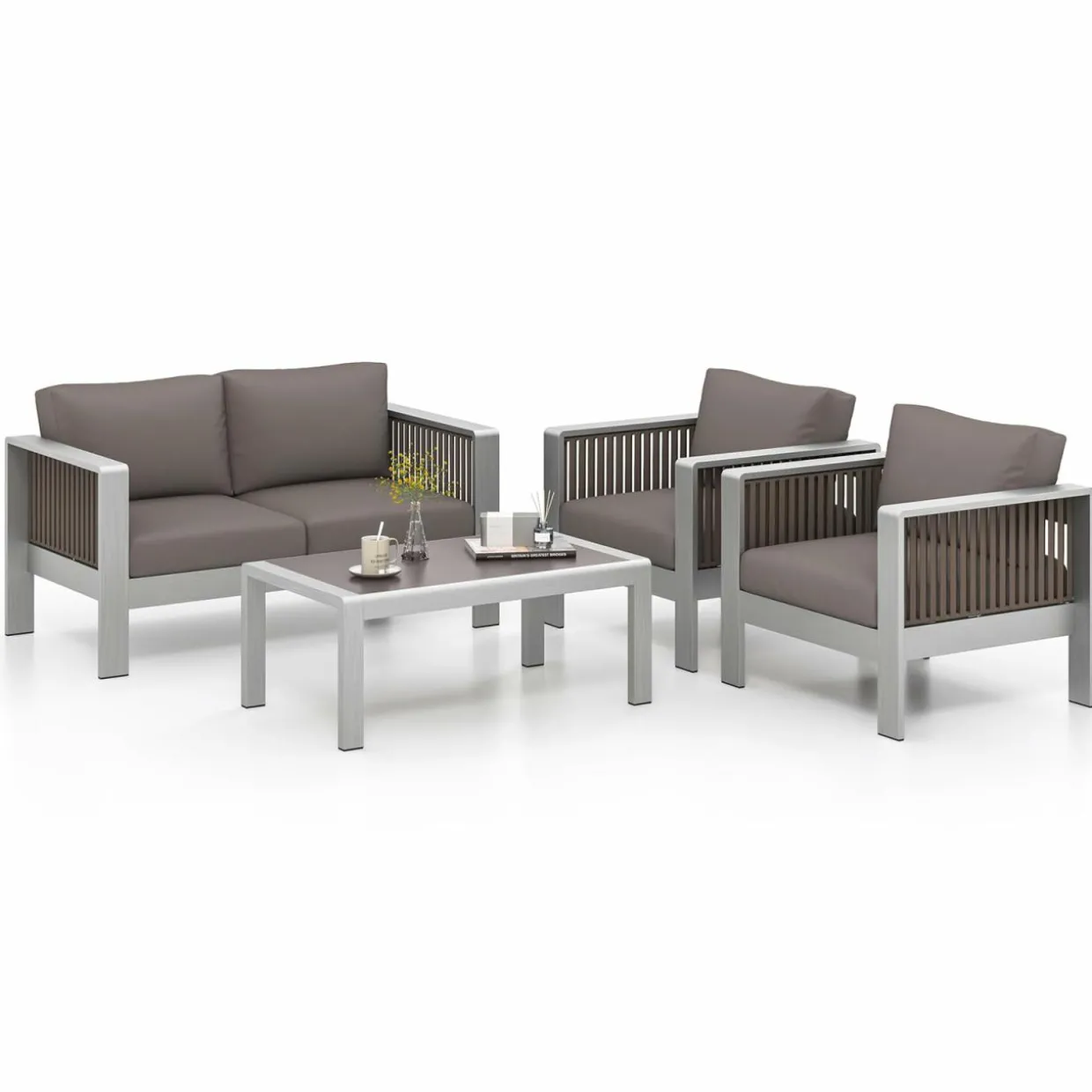 Tangkula 4 Pieces Aluminum Patio Furniture Set, Modern Outdoor Sectional Sofa Set (Gray)