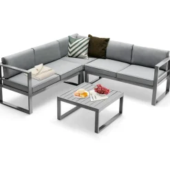 Tangkula 4 Pieces Aluminum Patio Furniture Set, Patiojoy All Weather Heavy Duty Cushioned Outdoor L Shaped Sofa Set