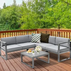 Tangkula 4 Pieces Aluminum Patio Furniture Set, Patiojoy All Weather Heavy Duty Cushioned Outdoor L Shaped Sofa Set