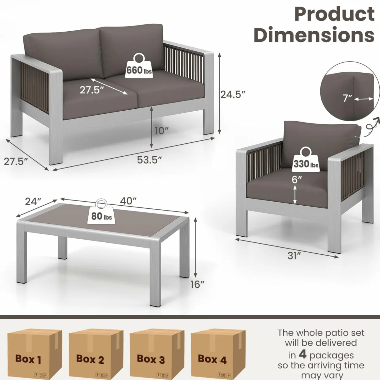 Tangkula 4 Pieces Aluminum Patio Furniture Set, Modern Outdoor Sectional Sofa Set (Gray)