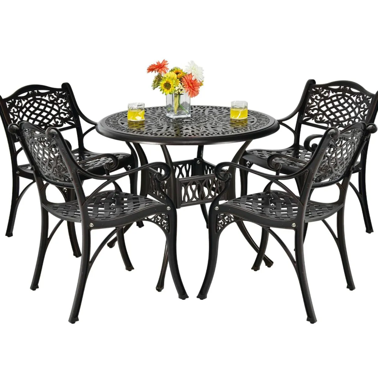 Tangkula 5 Pieces Cast Aluminum Patio Dining Set, Outdoor Bistro Table Set with Umbrella Hole