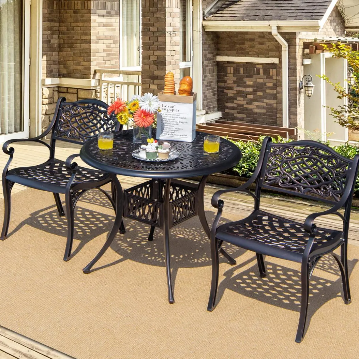 Tangkula 5 Pieces Cast Aluminum Patio Dining Set, Outdoor Bistro Table Set with Umbrella Hole