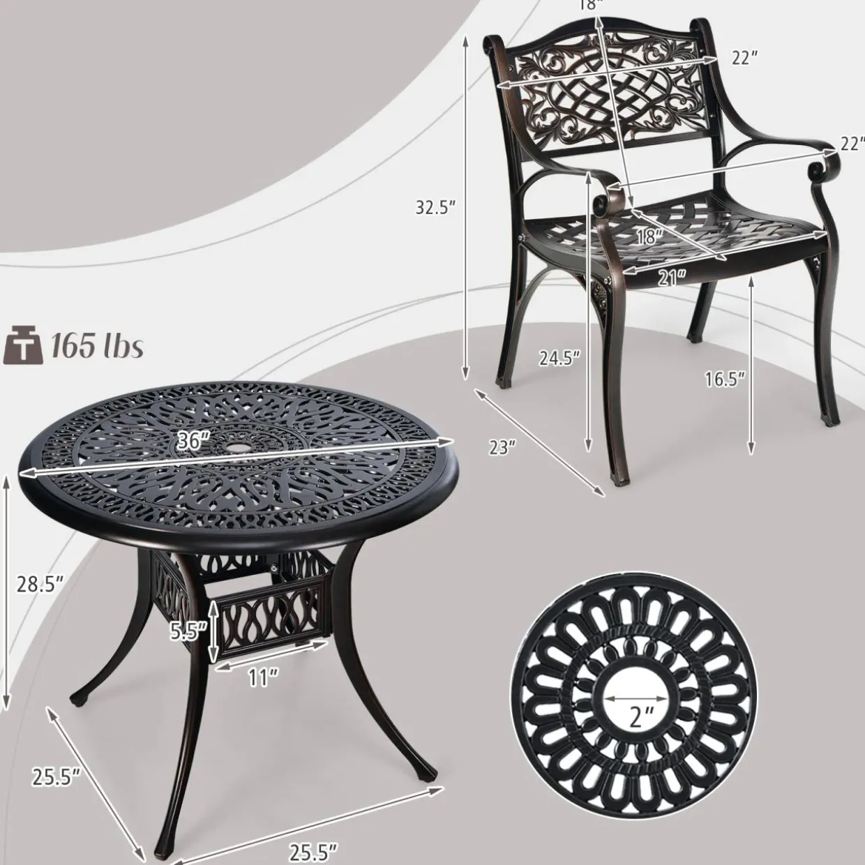 Tangkula 5 Pieces Cast Aluminum Patio Dining Set, Outdoor Bistro Table Set with Umbrella Hole