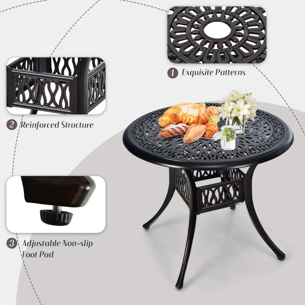 Tangkula 5 Pieces Cast Aluminum Patio Dining Set, Outdoor Bistro Table Set with Umbrella Hole