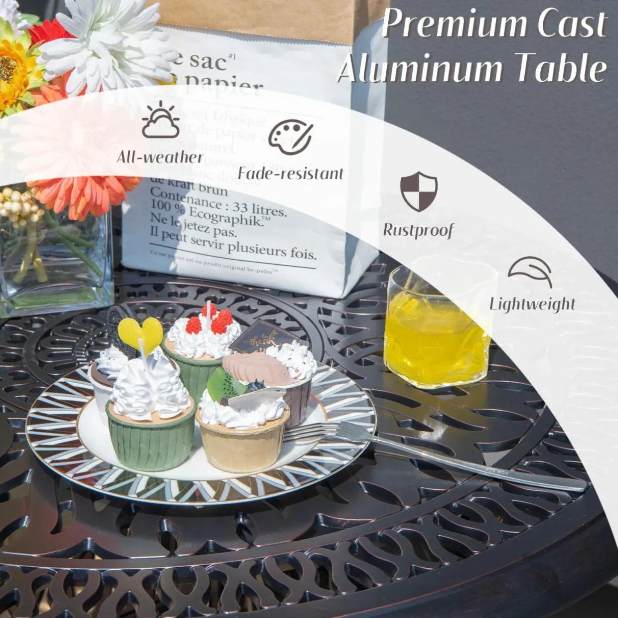 Tangkula 5 Pieces Cast Aluminum Patio Dining Set, Outdoor Bistro Table Set with Umbrella Hole