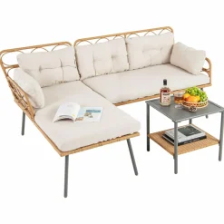 Tangkula 3 Pieces Corner Patio Furniture Set, PE Rattan L-Shaped Cushioned Sofa Set with Small Coffee Table