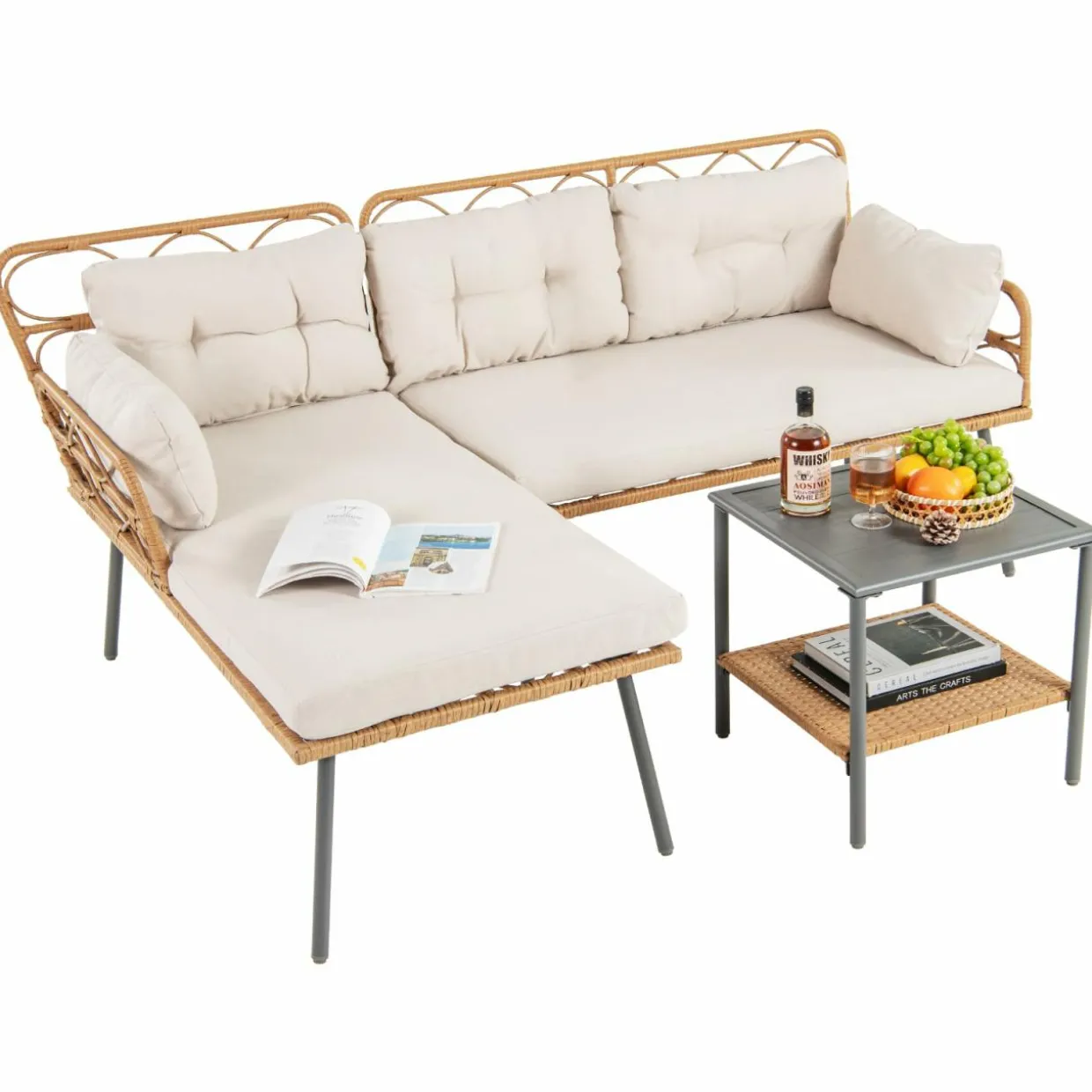 Tangkula 3 Pieces Corner Patio Furniture Set, PE Rattan L-Shaped Cushioned Sofa Set with Small Coffee Table