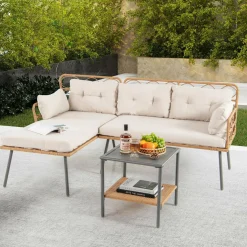 Tangkula 3 Pieces Corner Patio Furniture Set, PE Rattan L-Shaped Cushioned Sofa Set with Small Coffee Table