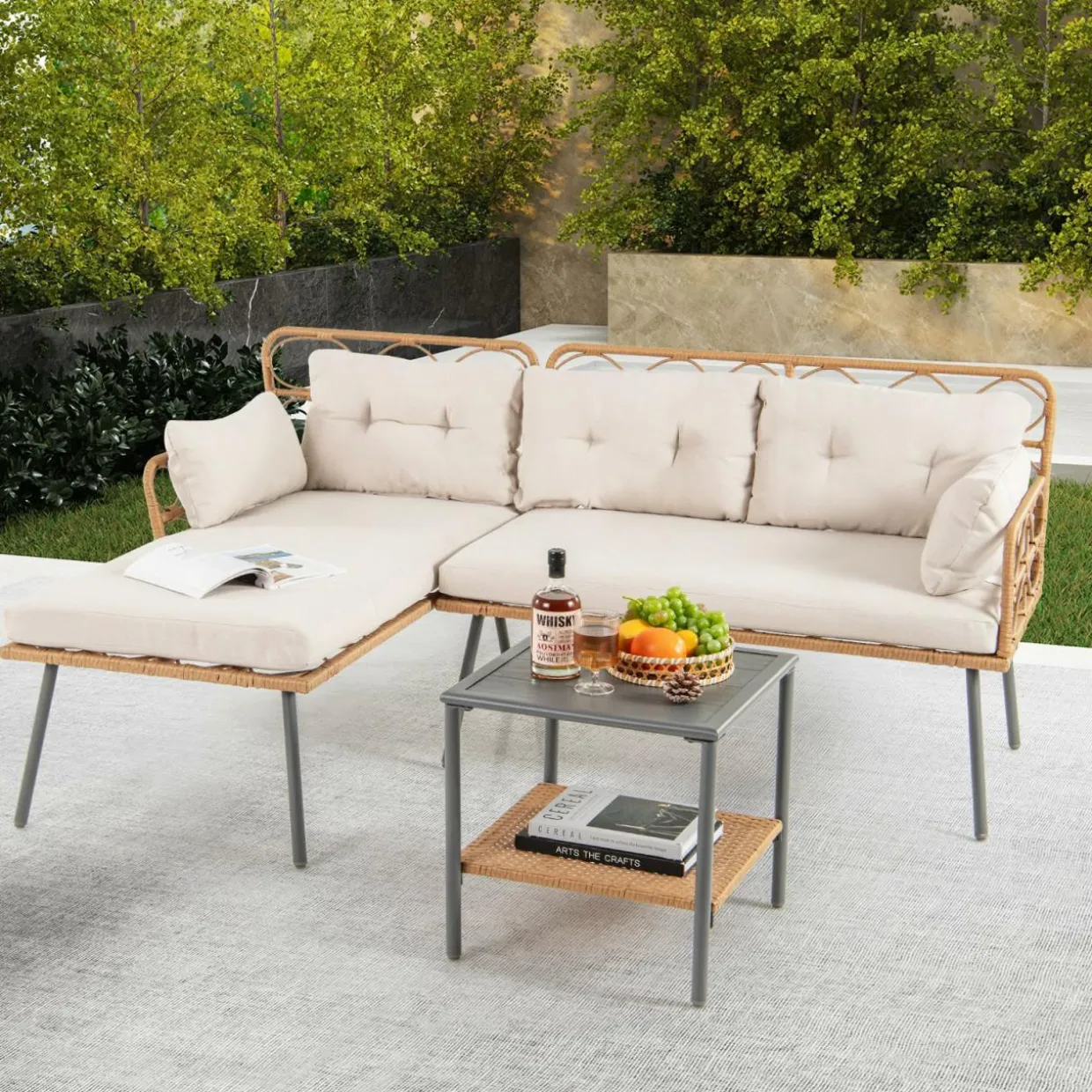 Tangkula 3 Pieces Corner Patio Furniture Set, PE Rattan L-Shaped Cushioned Sofa Set with Small Coffee Table