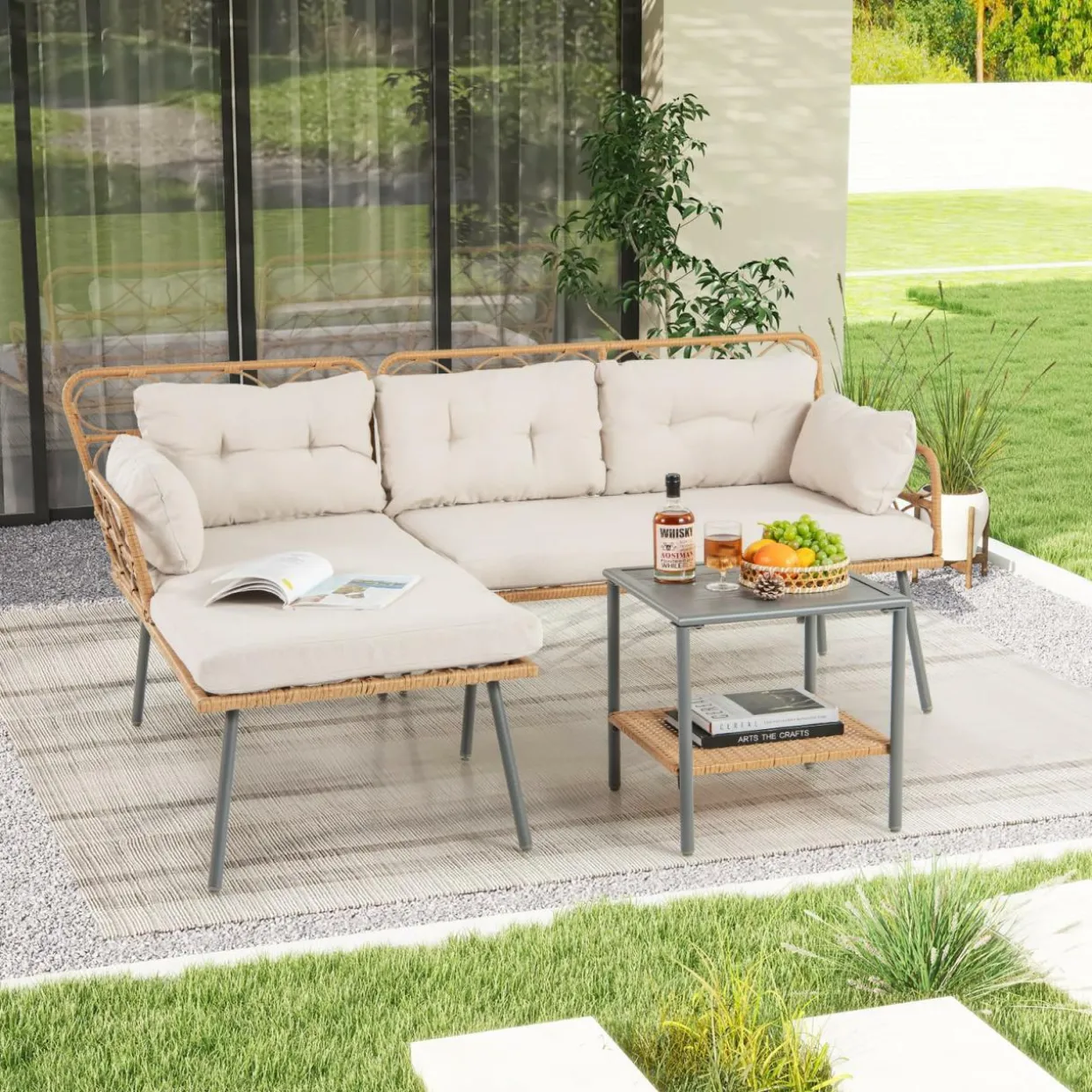 Tangkula 3 Pieces Corner Patio Furniture Set, PE Rattan L-Shaped Cushioned Sofa Set with Small Coffee Table