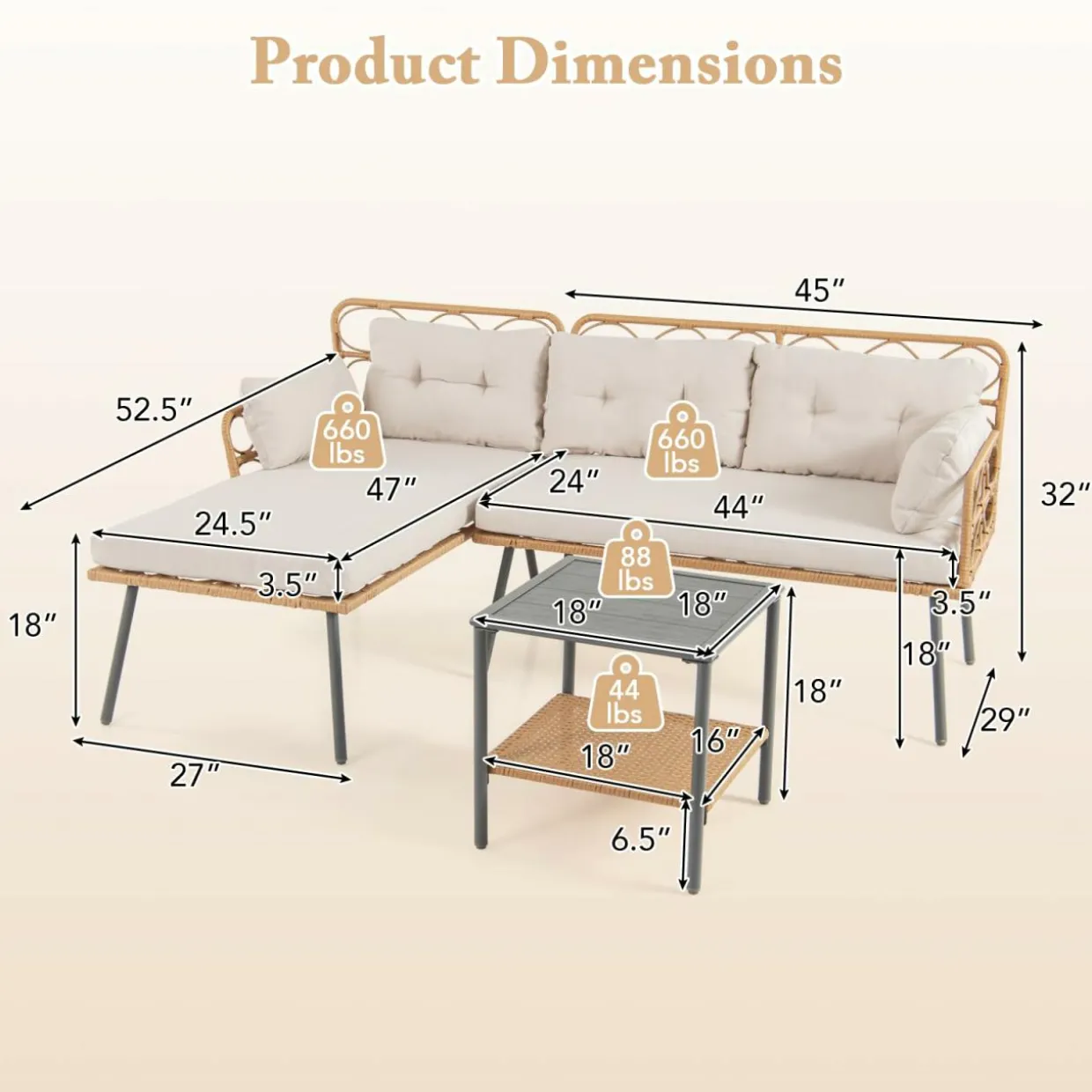 Tangkula 3 Pieces Corner Patio Furniture Set, PE Rattan L-Shaped Cushioned Sofa Set with Small Coffee Table