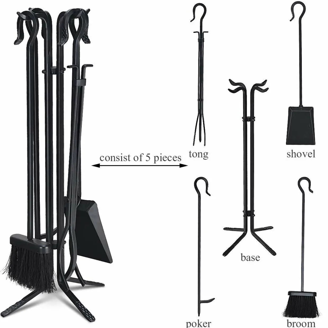 Tangkula 5 Pieces Fireplace Tools Wrought Iron Toolset 4 Tools & Decor Holder Indoor Outdoor Tong