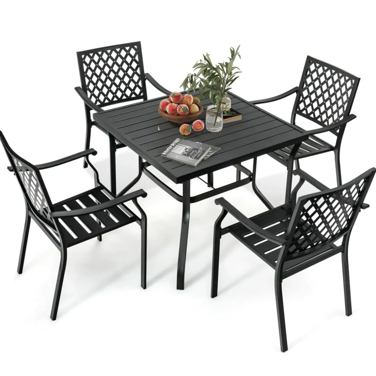 Tangkula 5 Pieces Metal Patio Dining Set, 37" Square Dining Table with 4 Stackable Chairs