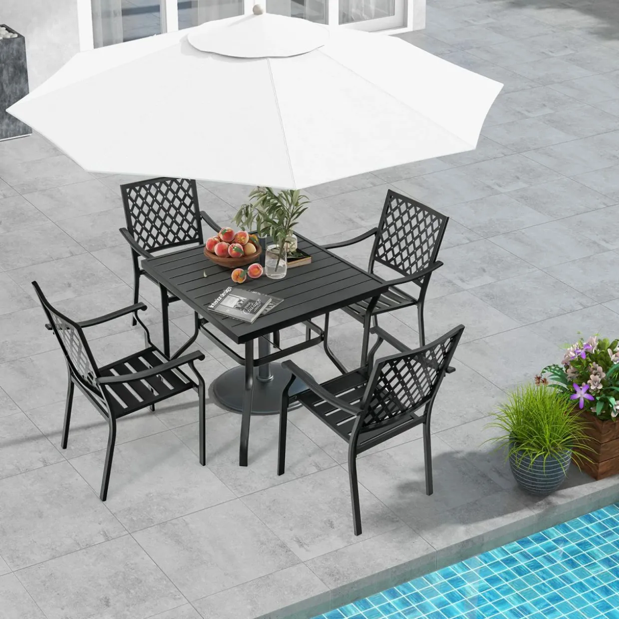 Tangkula 5 Pieces Metal Patio Dining Set, 37" Square Dining Table with 4 Stackable Chairs