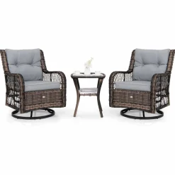 Tangkula 3 Pieces Outdoor Swivel Rocker Set, Rattan Wicker Patio Rocking Cushioned Chairs Set of 2 with Small Side Table