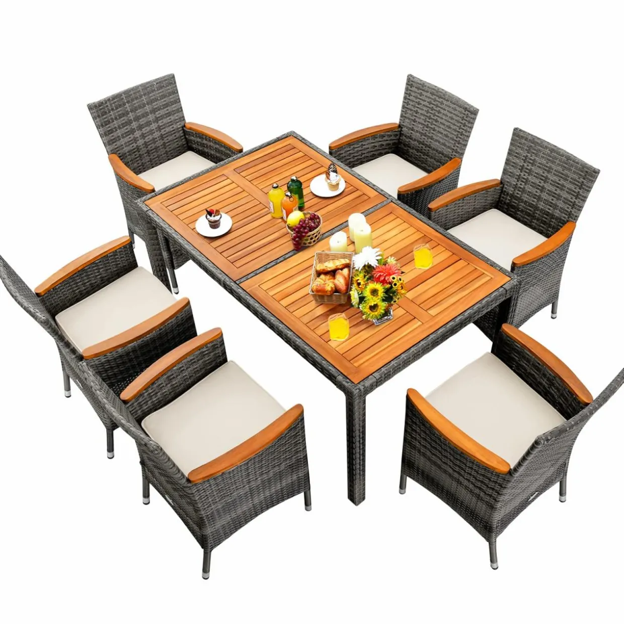 Tangkula 7 Pieces Outdoor Dining Furniture Set, Patio Rattan Conversation Set with Spacious Acacia Wood Table, 6 Chairs with Widened Armrests