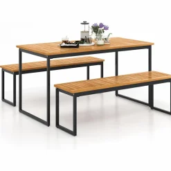 Tangkula 3 Pieces Outdoor Dining Set for 6 People, 55 inch Rectangle Patio Table & 2 Benches with Acacia Wood Tabletop