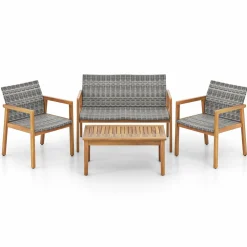 Tangkula 4 Pieces Outdoor Furniture Set, Acacia Wood Frame Sofa Set w/Rattan Seat & Back