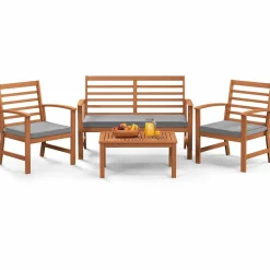 Tangkula 4 Pieces Outdoor Furniture Set, Acacia Wood Conversation Set w/Soft Seat Cushions
