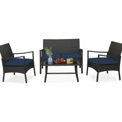 Tangkula 4 Pieces Outdoor Conversation Set, Patio PE Wicker Sofa with Tempered Glass Coffee Table