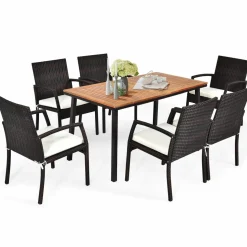 Tangkula 7 Pieces Outdoor Dining Set, Steel Frame Patio Dining Table Set w/ 6 Rattan Armrest Chairs