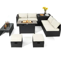 Tangkula 9 Pieces Outdoor Wicker Sectional Sofa with 42" 60,000 BTU Gas Fire Pit Table