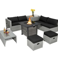 Tangkula 9 Pieces Outdoor Patio Furniture Set with 32-Inch Propane Fire Pit Table