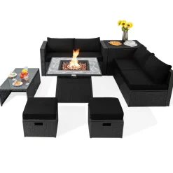 Tangkula 9 Pieces Outdoor PE Rattan Sectional Sofa with 35-Inch Gas Fire Pit Table